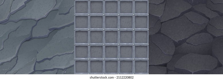 Asphalt And Stone Textures For Game, Seamless Backgrounds. Rocks Tiles And Rebar Grate, Cobblestone Grey And Black Ground Surface Textured Effect Layers, Paving Ui Design Elements Cartoon Vector Set