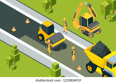 Asphalt street roller. Urban paved road laying safety ground workers builders yellow machines isometric vector landscape