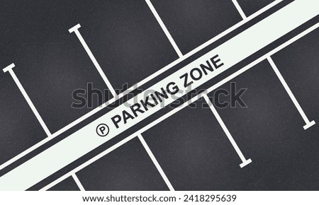 Asphalt surface with parking spaces. Empty city car park with sign, top view.