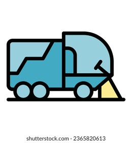 Vector de contorno de icono del barrendero asfáltico. Camión de la calle. Color plano de la máquina basura