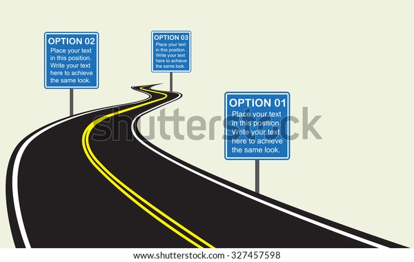 Asphalt winding road with road\
signs. Infographics template with winding road. Vector\
illustration.