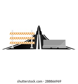 Asphalted Country Road And Different Road Barrier Vector Illustration. Traffic Barrier. Road Block. Triple Barrier