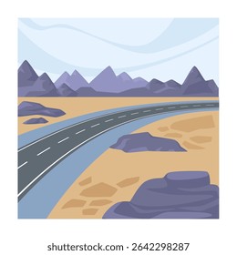 Asphalted road leading through mountains and distant areas. Vector in flat style, highway or street with markings for drivers and transport. Commuting or journey driving scenery, landscape with hills