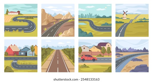 Asphalted roads and highways through countryside and rural areas, mountains and hills. Vector in flat style, winding and straights streets with markings for drivers, transports and vehicles