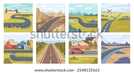 Asphalted roads and highways through countryside and rural areas, mountains and hills. Vector in flat style, winding and straights streets with markings for drivers, transports and vehicles