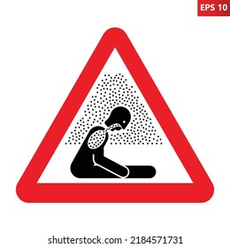 Asphyxiating atmosphere warning sign. Vector illustration of red triangle sign with sitting man in fumes of pollution. Hazard symbol. Dangerous air. Caution exposure to asphyxiating atmosphere.