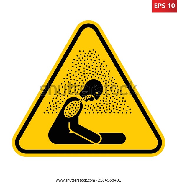 Asphyxiating atmosphere warning sign. Vector\
illustration of yellow triangle sign with sitting man in fumes of\
pollution. Caution exposure to asphyxiating atmosphere. Hazard\
symbol. Dangerous\
air.