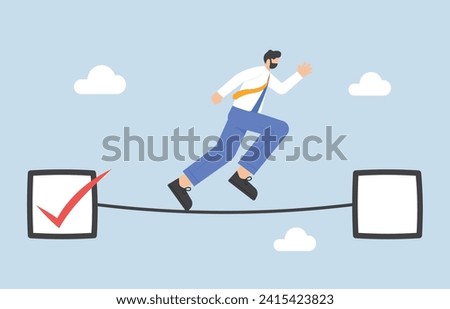 Aspiration to achieve higher-level task, progress to complete next mission, facing new challenge at work concept, Businessman running ladder looking at higher empty checkbox.

