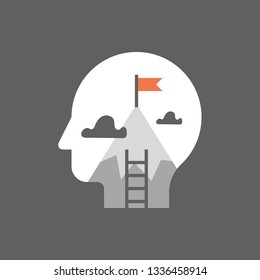 Aspiration concept, work motivation, self growth mindset, career opportunity, potential development, next level challenge, mountain peak flag, task management, way to success, progress in learning