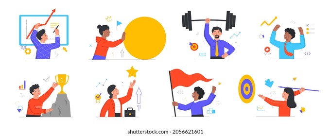 Aspiration and determination concept. Men and women develop strategies and achieve goals. Successful entrepreneurs. Motivation for growth. Cartoon flat vector collection isolated on white background