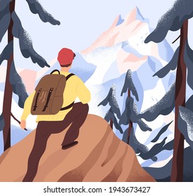 Aspiration to horizons, goals and discoveries concept. Backpacker climbing on top of mountains. Person standing at peak and dreaming about achieving new aims. Colored flat vector illustration