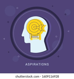 Aspiration icon concept with arrow pointer stick pointing in center in the drawing of human brain 