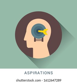 Aspiration icon concept with arrow pointer stick pointing in center in the drawing of human brain