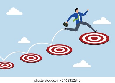 Aspiration and motivation to achieve bigger business target, businessman jumping on bigger and higher archery bull's eye.