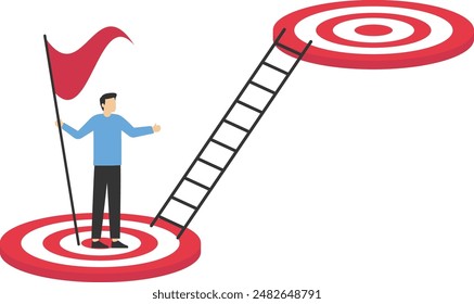 Aspiration and motivation to achieve the bigger business target, advancement in career or business growth concept, smart businessman jumping on bigger and higher archery bull's eye target.