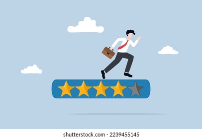 Aspiration and motivation for self-development, skill enhancement to boost productivity, expectation to be qualified employee, Businessman running on 5-star rating loading panel.
