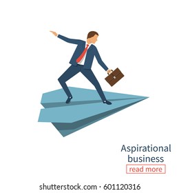 Aspirational business. Leadership, concept of vision, mission ambitions. Path to success. Man with briefcase in hand flies on paper plane. Vector illustration flat design Isolated on white background
