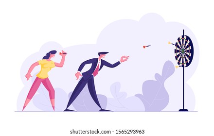 Aspirational Business People Mission Achievement and Corporate Competition. Businessman and Businesswoman Playing Darts. Aim Challenge Task Solution Strategy Goals. Cartoon Flat Vector Illustration