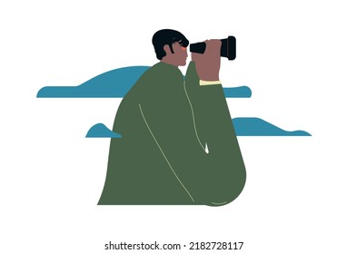 Aspirations Concept. Person Looking Forward In Future With Binoculars, Searching Direction, Opportunities And Solutions, Focusing On Aim. Flat Vector Illustration Isolated On White