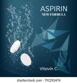 Aspirin. Effervescent soluble tablet pills. Sparkling water bubbles trails.