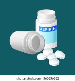 Aspirin pill bottle vector illustration. Medicine remedy in plastic container. Pharmaceutical medicament painkiller isolated in realistic style. Package for pill capsules. Medical treatment