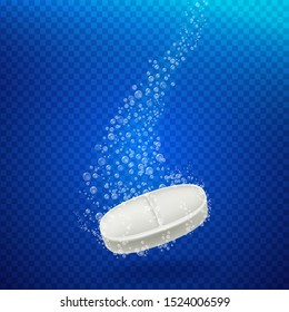 Aspirin tablets Dissolve in the water with bubbles. Foaming antacids. Health care vector template.