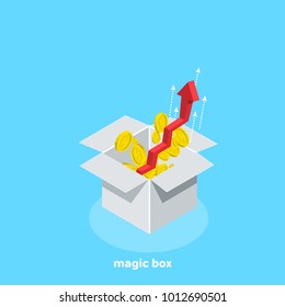 Aspiring red arrow in the up and scattered coins from the white box, isometric image