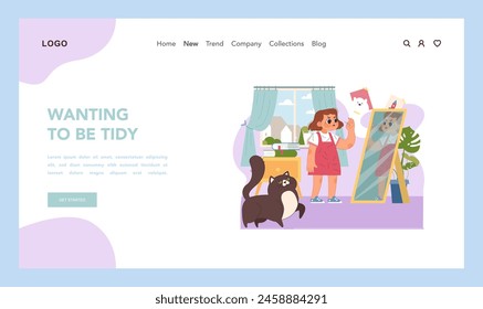 Aspiring tidiness concept. Young girl looking annoyed and cleaning her dress of cat fur, portraying value of orderliness. Encouragement for personal organization. Flat vector illustration