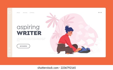 Aspiring Writer Landing Page Template. Creative Female Character Author or Editor Sit on Floor with Typewriter and Scatter Papers. Inspired Woman Writing Book. Cartoon People Vector Illustration
