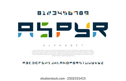 Aspyr creative modern geometric urban alphabet font. Digital abstract futuristic, game, techno, robot, music, logo, sport, minimal technology typography. Simple numeric vector illustration