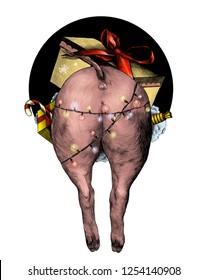 ass Christmas pig wrapped lighted garland sticking out of the hole the rear portion of the double drawing sketch vector graphics color illustration on white background