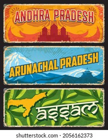 Assam, Andhra y Arunachal Pradesh, estados o regiones de la India con signos de estaño vectorial. Placas metálicas de los estados indios o señalización de bienvenida de la ciudad con símbolos y emblemas de la región, mapa o etiqueta de la ciudad