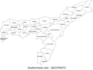 Assam districts map with name labels. Indian State. White background.