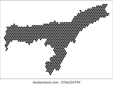Assam hexagon map. Plain black and white dotted shape template. State tiny hexagon cells. Assam flat honeycomb template. Vector Illustration.