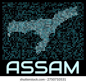 Assam, India digital dotted map. Shape of the state in cyan color palette on dark background. Futuristic Assam, India map design. Vector illustration.