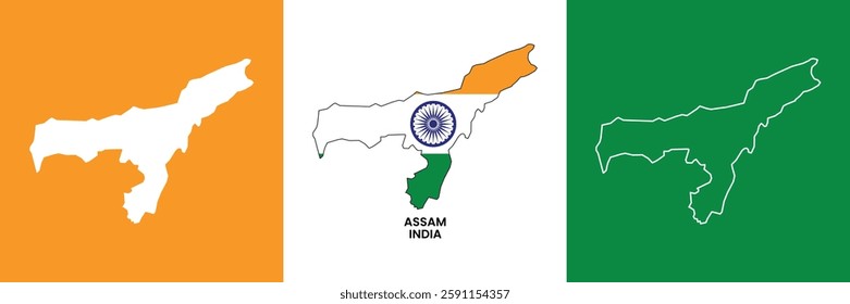 Assam. Assam of India. Assam map outline and silhouette vector. Assam map with indian flag.