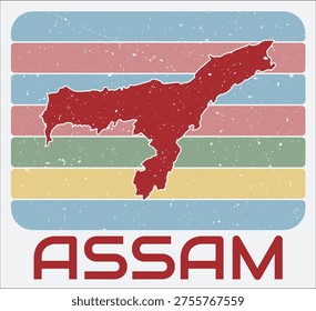 Assam, India vintage logo. Shape of the state on retro colored stripes background. Assam, India map design with grunge scratch texture. Vector illustration.