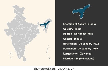 Mapa de Assam destacado com nome, estados indianos, adequado para educação, negócios, apresentações, impressão, uso da web, e projetos geográficos criativos. Território da União Indiana.