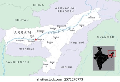 Assam map highlighting its geography, borders, districts, major cities, towns, natural landmarks, and capital Guwahati in Northeast India