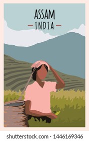 Assam retro poster. Assam travel illustration. States of India greeting card. Girl works on a plantation.