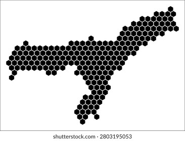 Assam simple black and white hexagon map shape template. State plain hexagon cell dots. Assam flat honeycomb boundary. Vector Illustration.