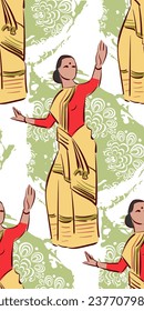 Assam state India ethnic indian seamless pattern woman girl dance traditional sketch isolated decorative 