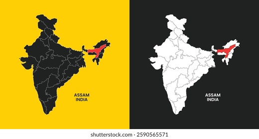 Assam state, India, vector map silhouette illustration isolated on India map. Editable blank vector map of India.