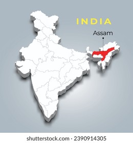 Assam state map location in Indian 3d isometric map. Assam map vector illustration