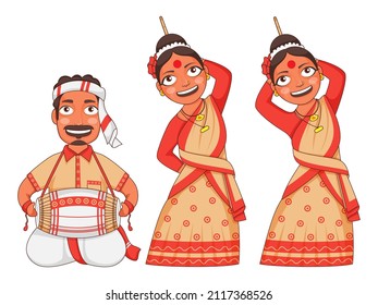 Assam Women Dancing And Man Play Dhol In Traditional Attire.