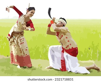 Parejas asamesas con trajes tradicionales bailando bihu de Assam