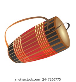 Assamese drum (dhol, onoinya) decorated with gamosa (ornamental body wipe) isolated on white. Traditional attribute for festivals (Bhogali, Kongali, Magh Bihu). Vector.
