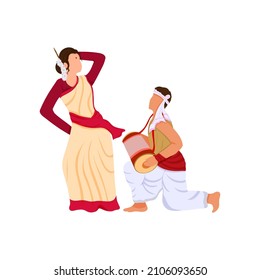 Assamese Man Playing Dhol And Woman Dancing On White Background.