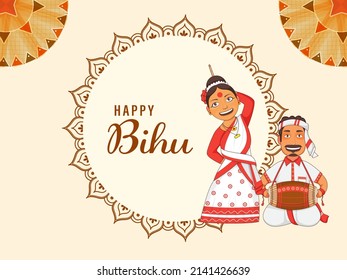 Assamese Man Playing Dhol And Woman Dancing In Traditional Attire On Orange Mandala Background For Happy Bihu Celebration.