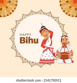 Assamese Man Playing Dhol And Woman Dancing In Traditional Attire On Orange Mandala Background For Happy Bihu Celebration.